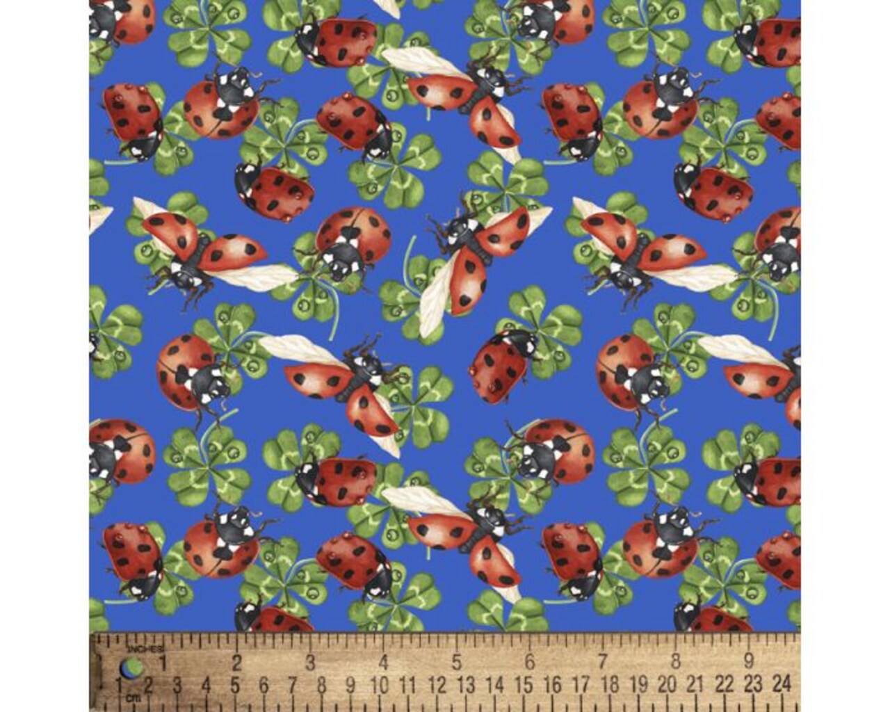 Ladybugs Lucky Clovers Blue Cotton Fabric | By the Yard | Sewing and Crafting | 44 inches wide